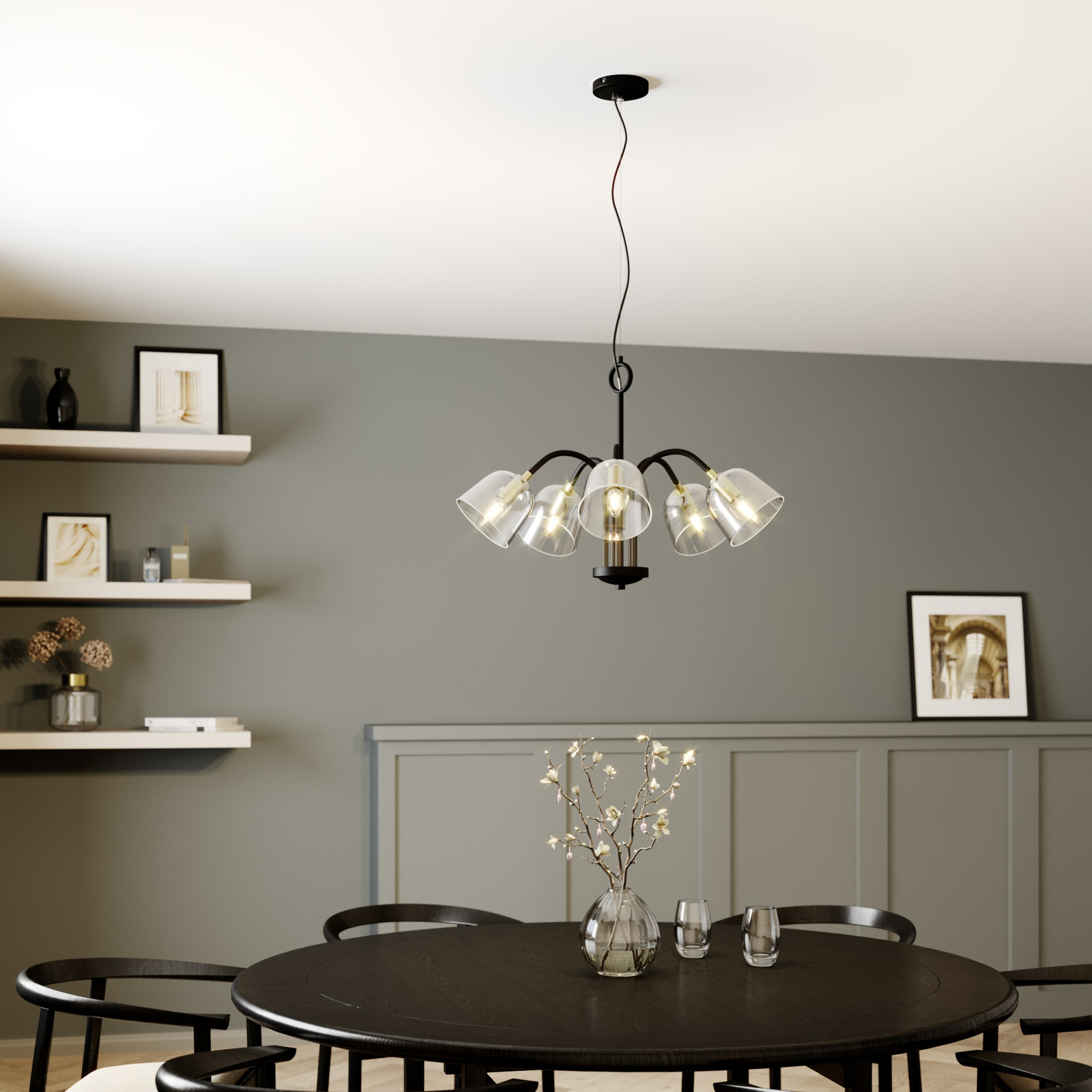 Lucande Anjita -riippuvalo, Lasivarjostin, 5-lamp.