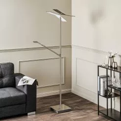 Lucande Kamari -LED-lattiavalo, Nikkeli, Lukuvarsi