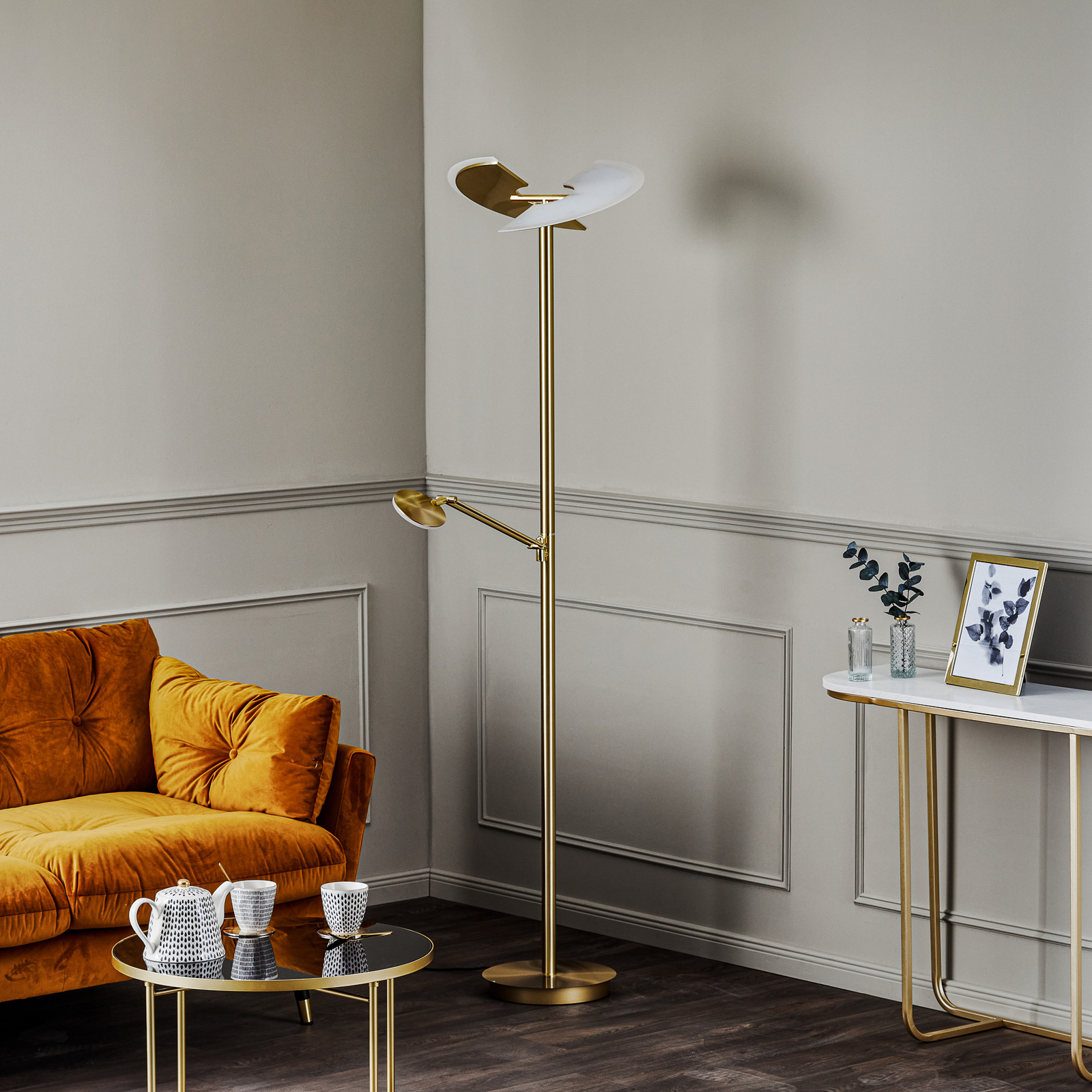 Lucande Kohen-LED-lattiavalo, Messinkiä, Lukuvarsi