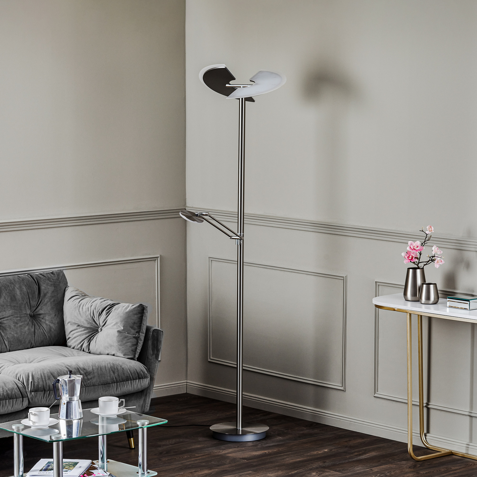 Lucande Kohen -LED-lattiavalo, Nikkeliä, Lukuvarsi