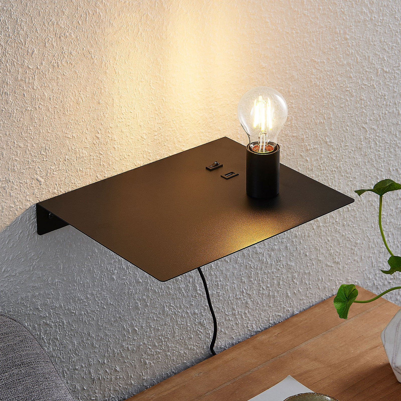 Lucande Malvina -seinälamppu, Taso, USB, Musta - Image 9