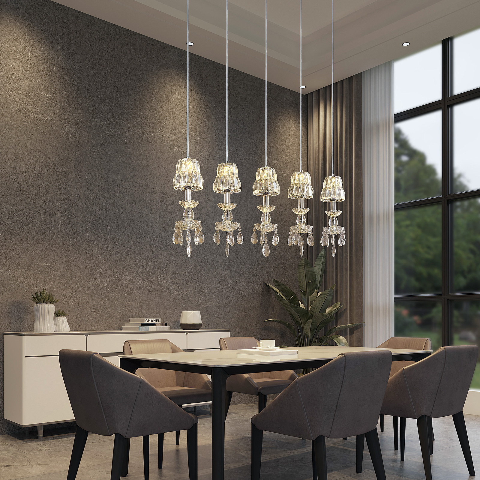 Lucande Yasanie -LED-riippuvalaisin, 5-lamppuinen