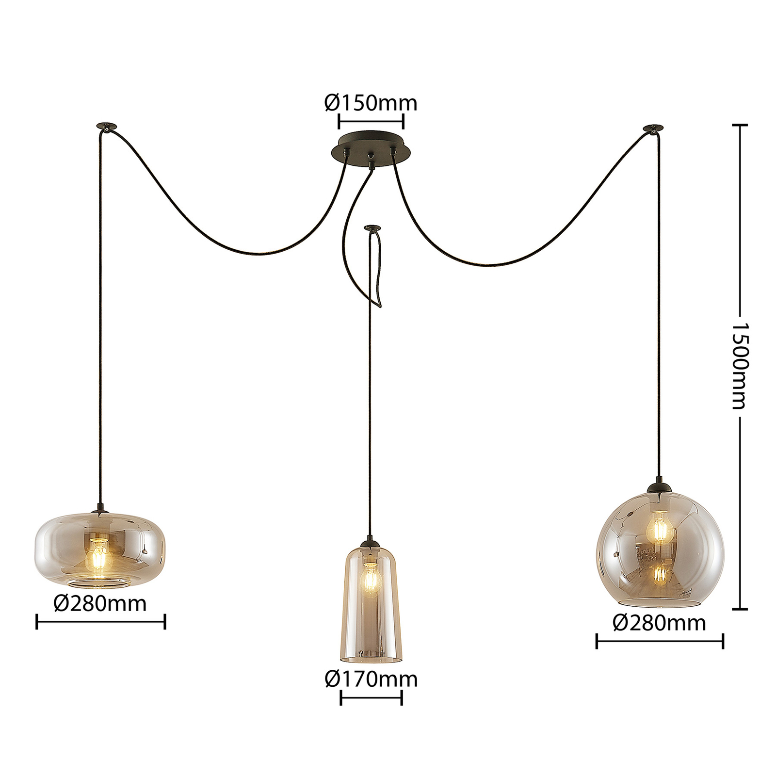 Lucande Zyli -riippuvalo, 3-lamppuinen Savunharmaa - Image 3