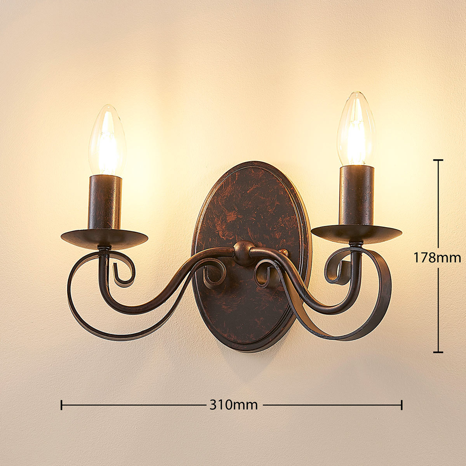 Lucande Ruosteenvärinen Seinävalaisin Caleb, 2-lamppuinen - Image 2