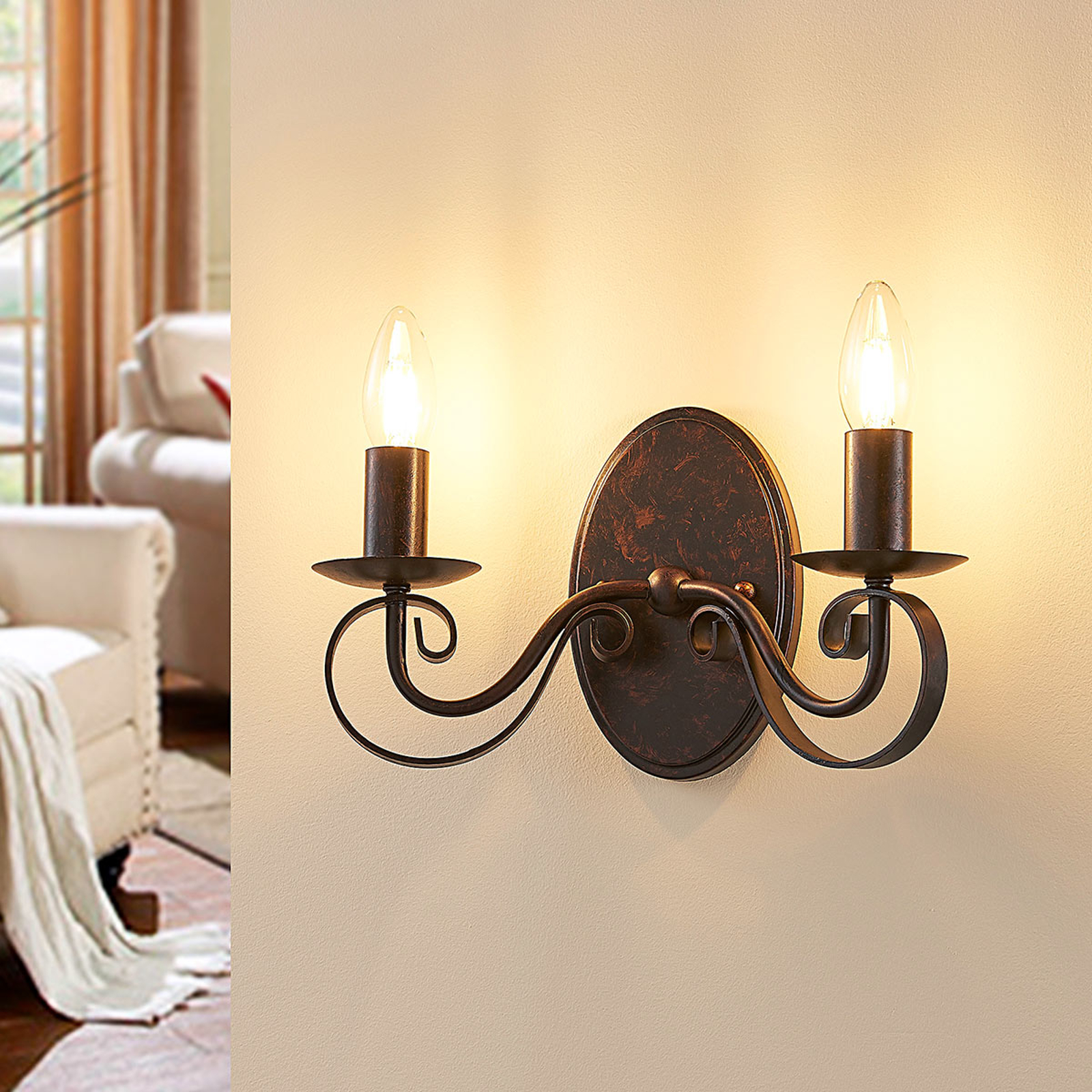 Lucande Ruosteenvärinen Seinävalaisin Caleb, 2-lamppuinen - Image 9